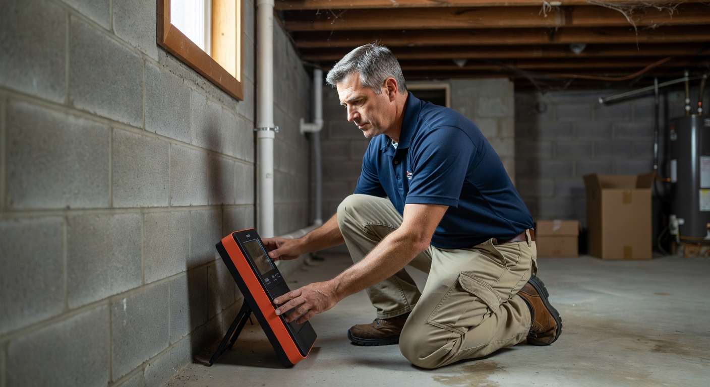 radon mitigation contractor inspecting basement Nashville Ohio