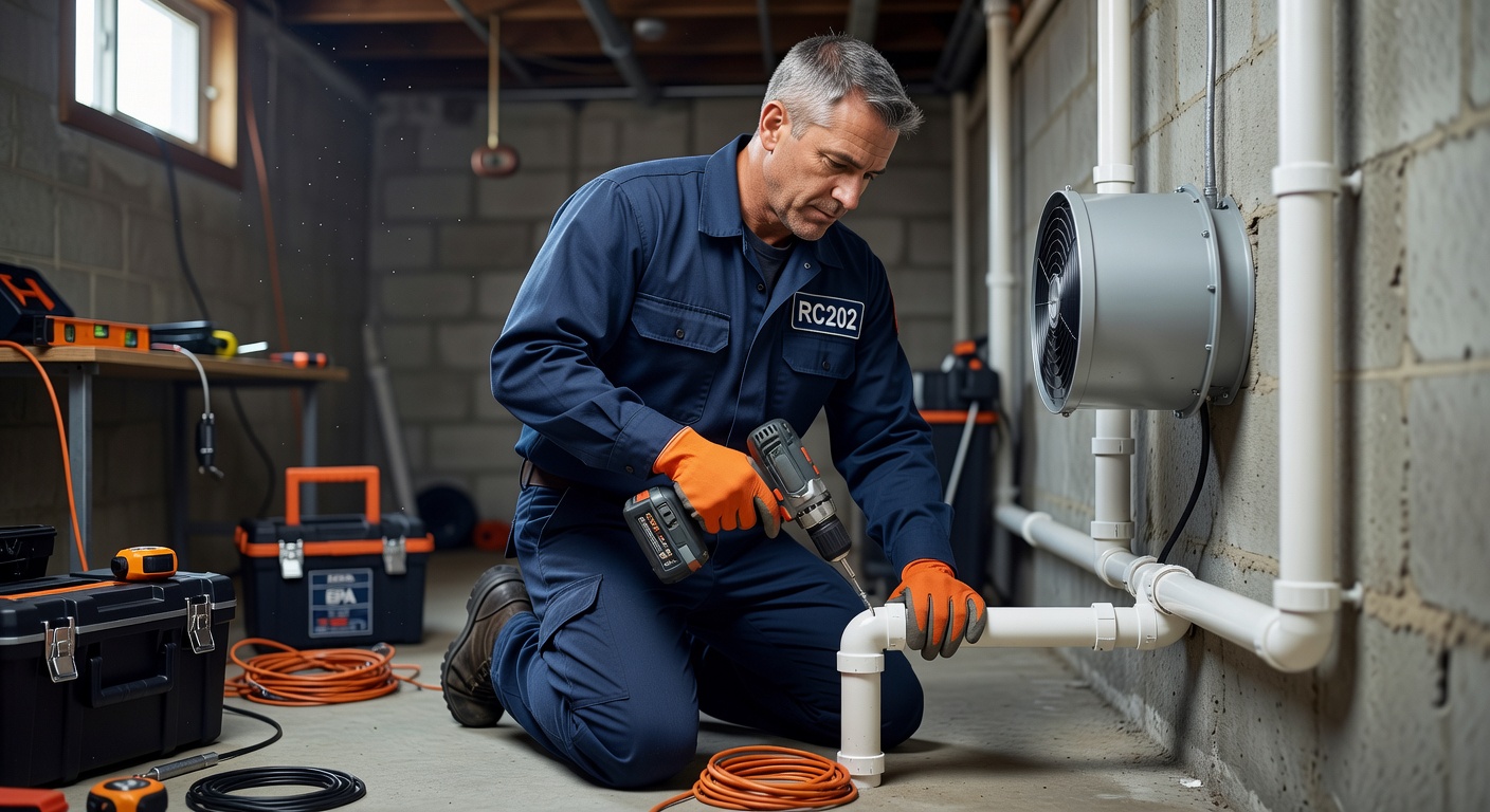 radon mitigation technician installing system Adams Ohio