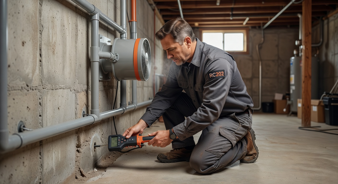 licensed radon technician inspecting home foundation