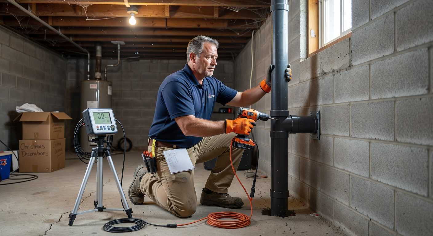 radon technician installing mitigation pipe basement