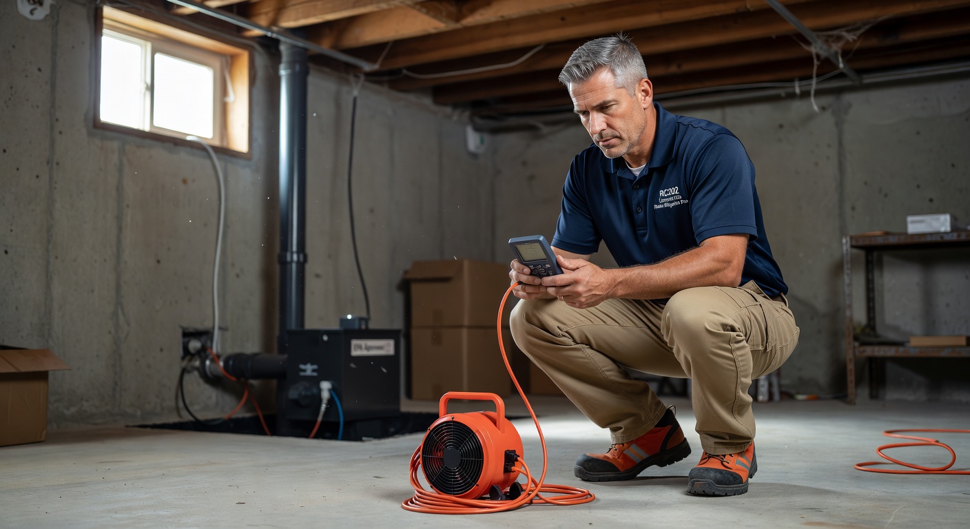 licensed radon mitigation technician inspecting basement Ohio