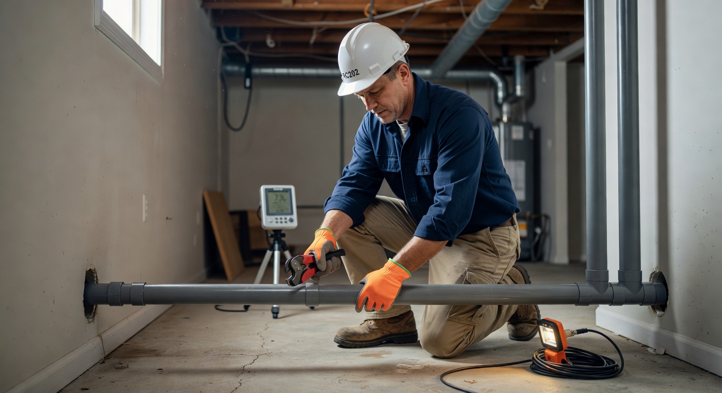 licensed radon mitigation technician installing PVC pipe Ohio home