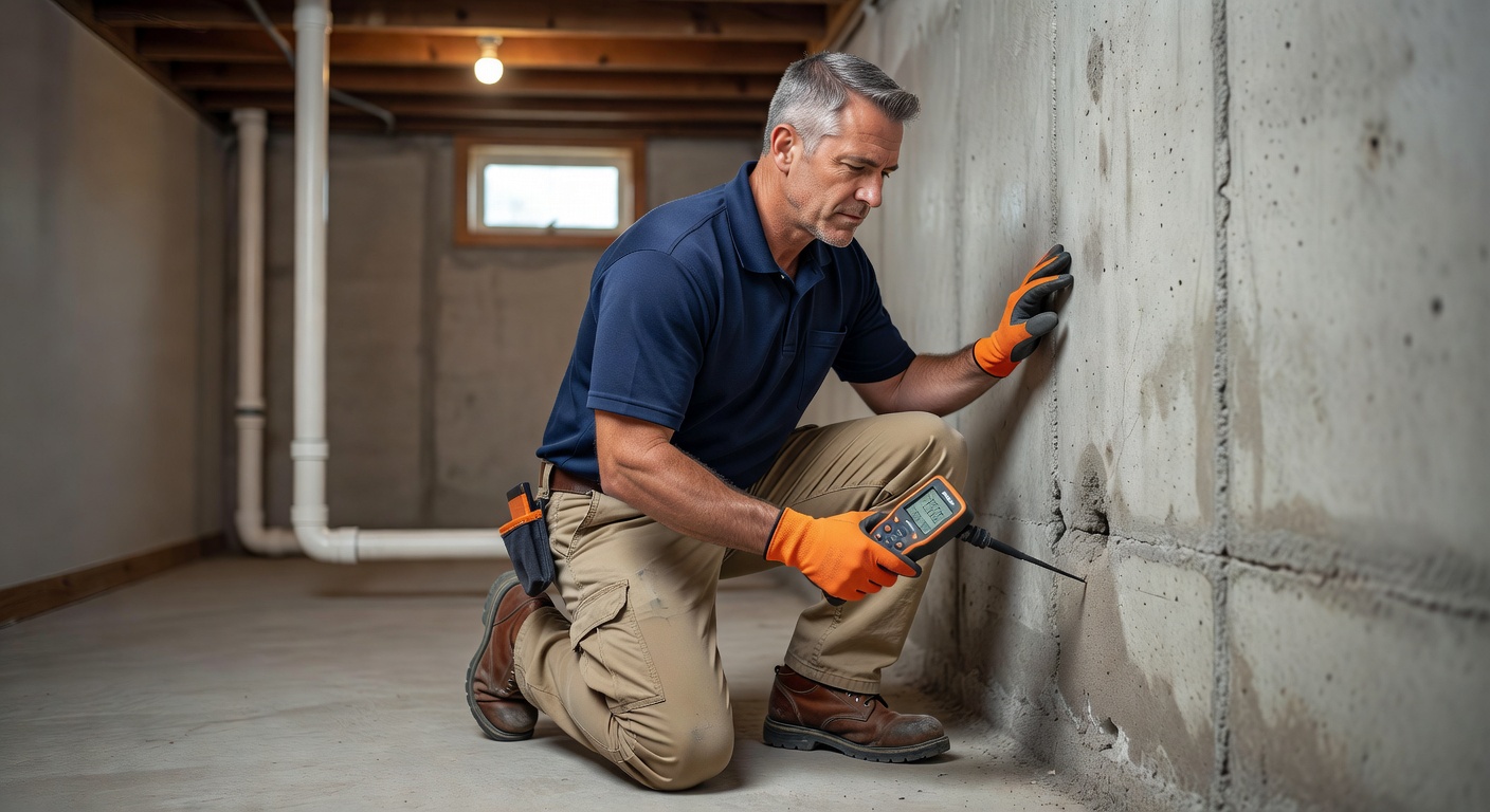 radon mitigation contractor inspecting basement foundation Ohio