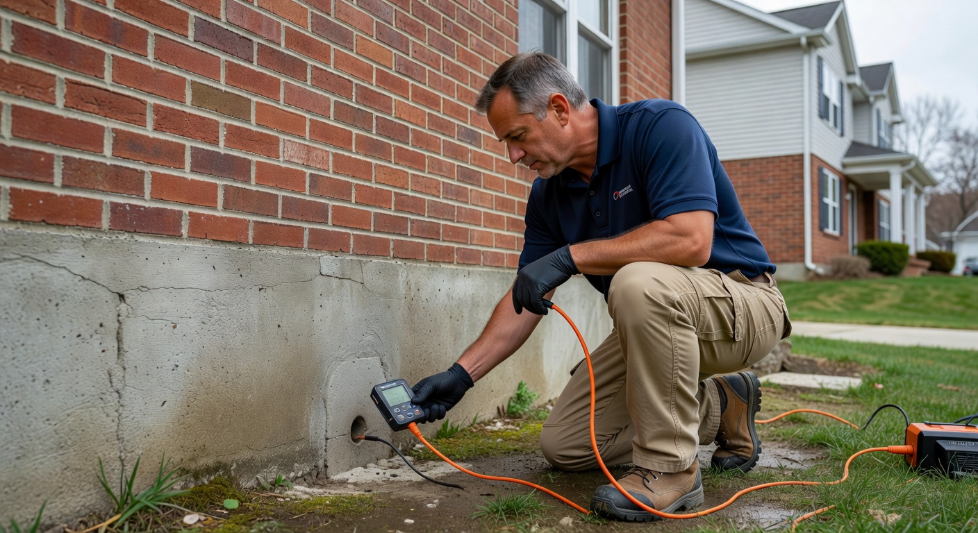 radon mitigation technician inspecting home foundation