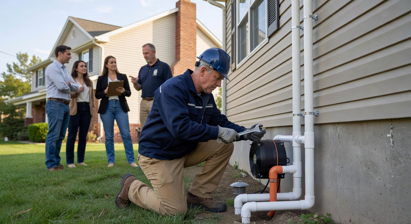 radon mitigation system PVC pipe installation exterior home