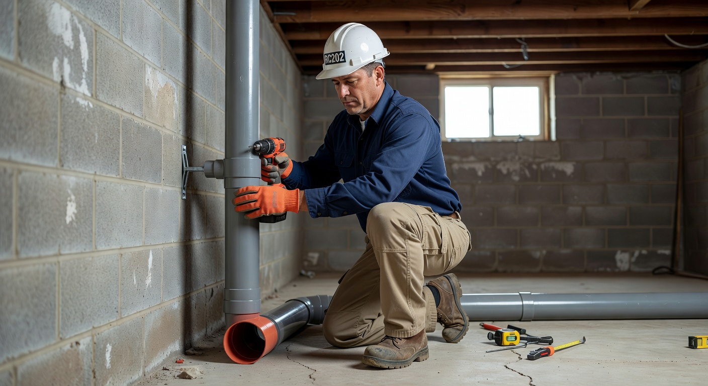radon technician installing PVC vent pipe Ohio home