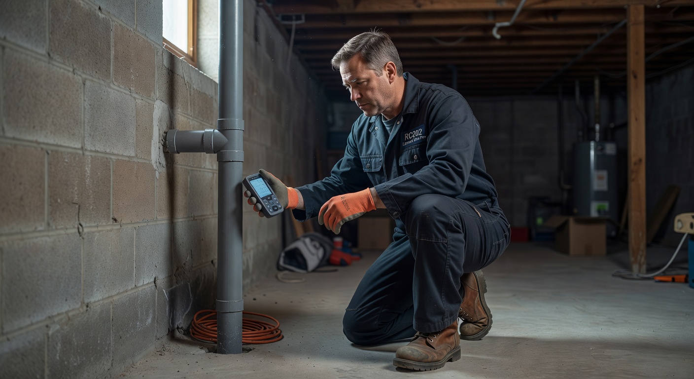 radon mitigation technician inspecting basement Garrettsville Ohio