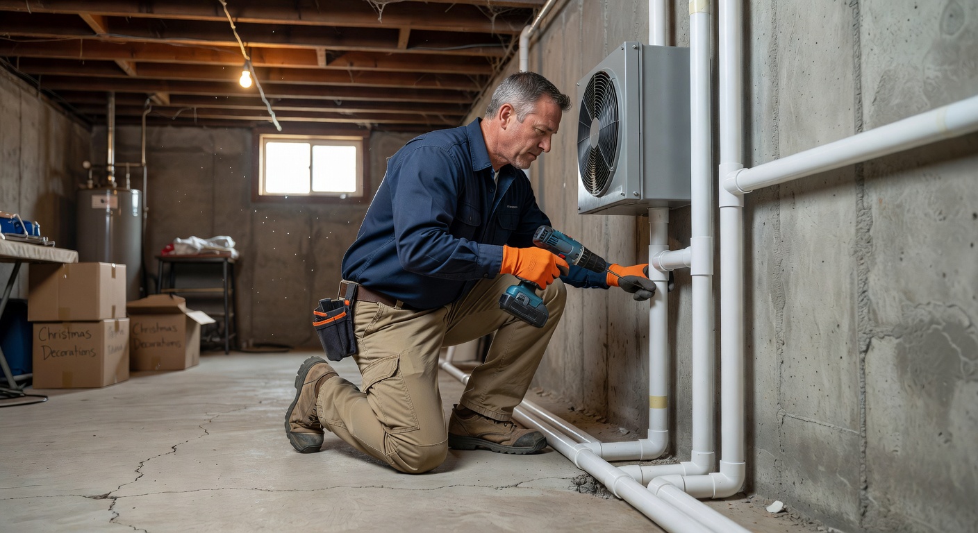 radon technician installing mitigation fan Ohio basement