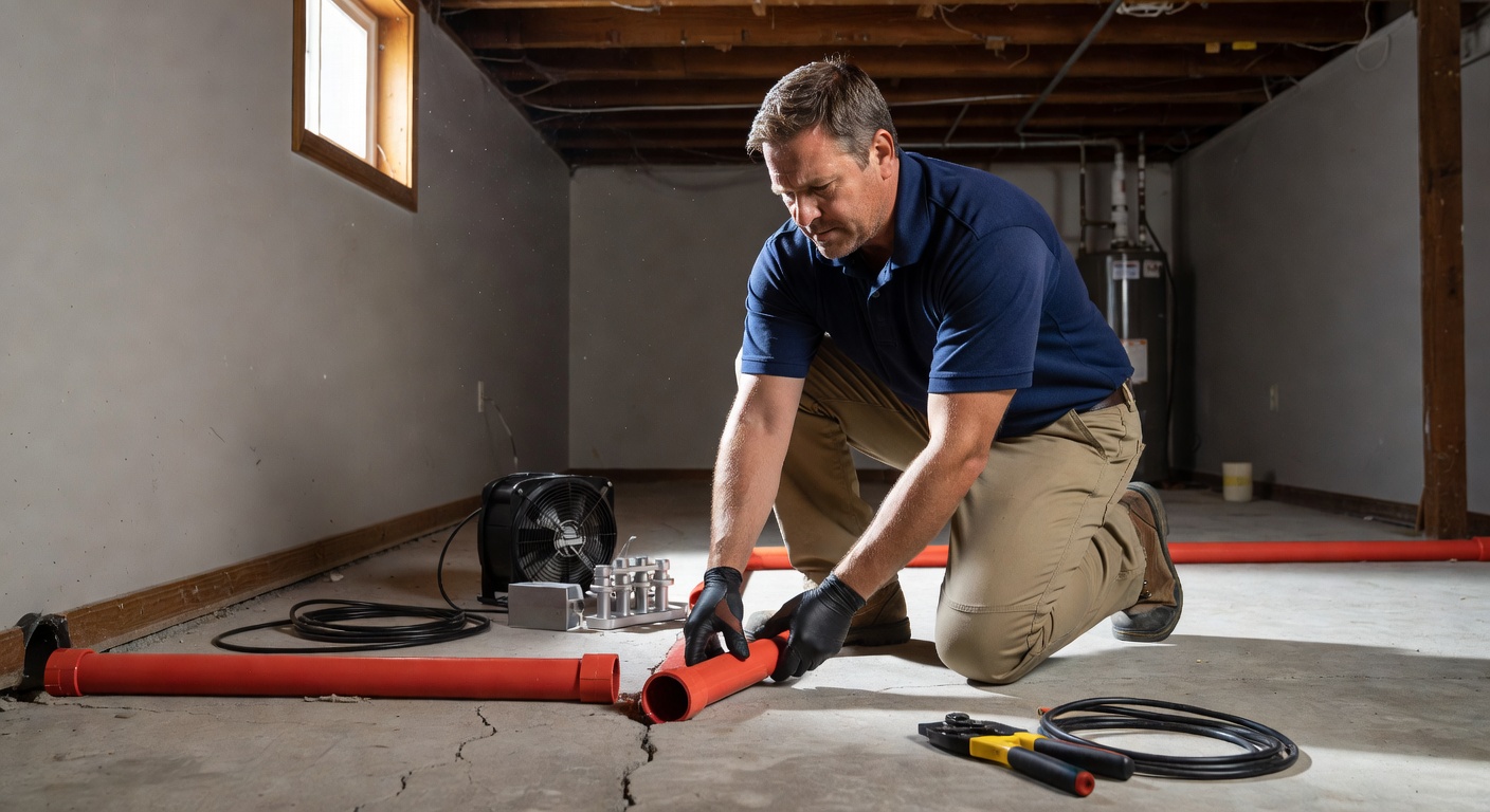 radon technician installing PVC mitigation pipe basement