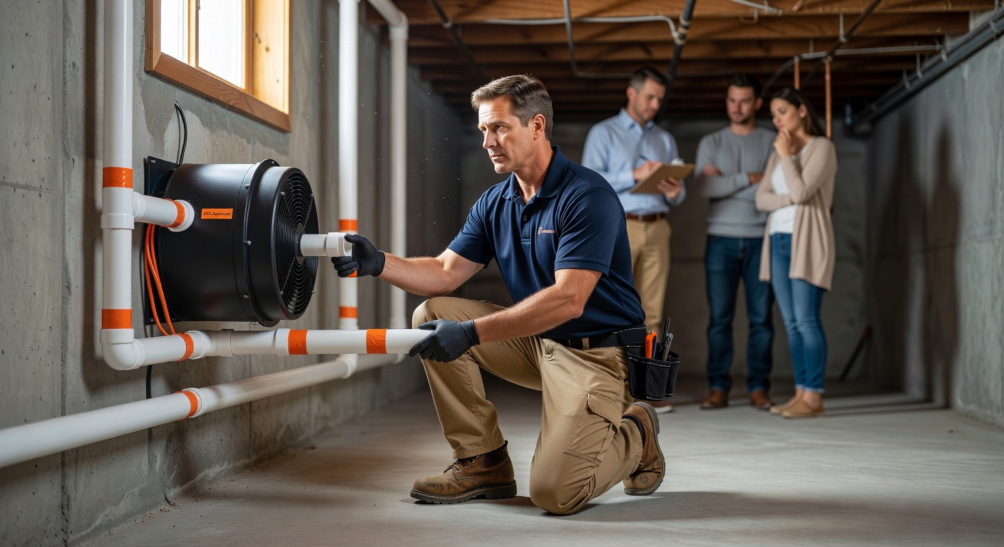 radon mitigation fan PVC pipe installation basement