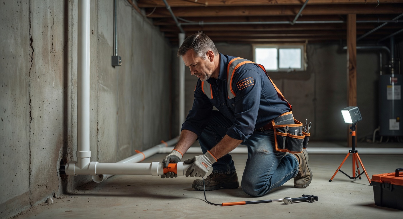 radon mitigation technician installing PVC pipe in basement
