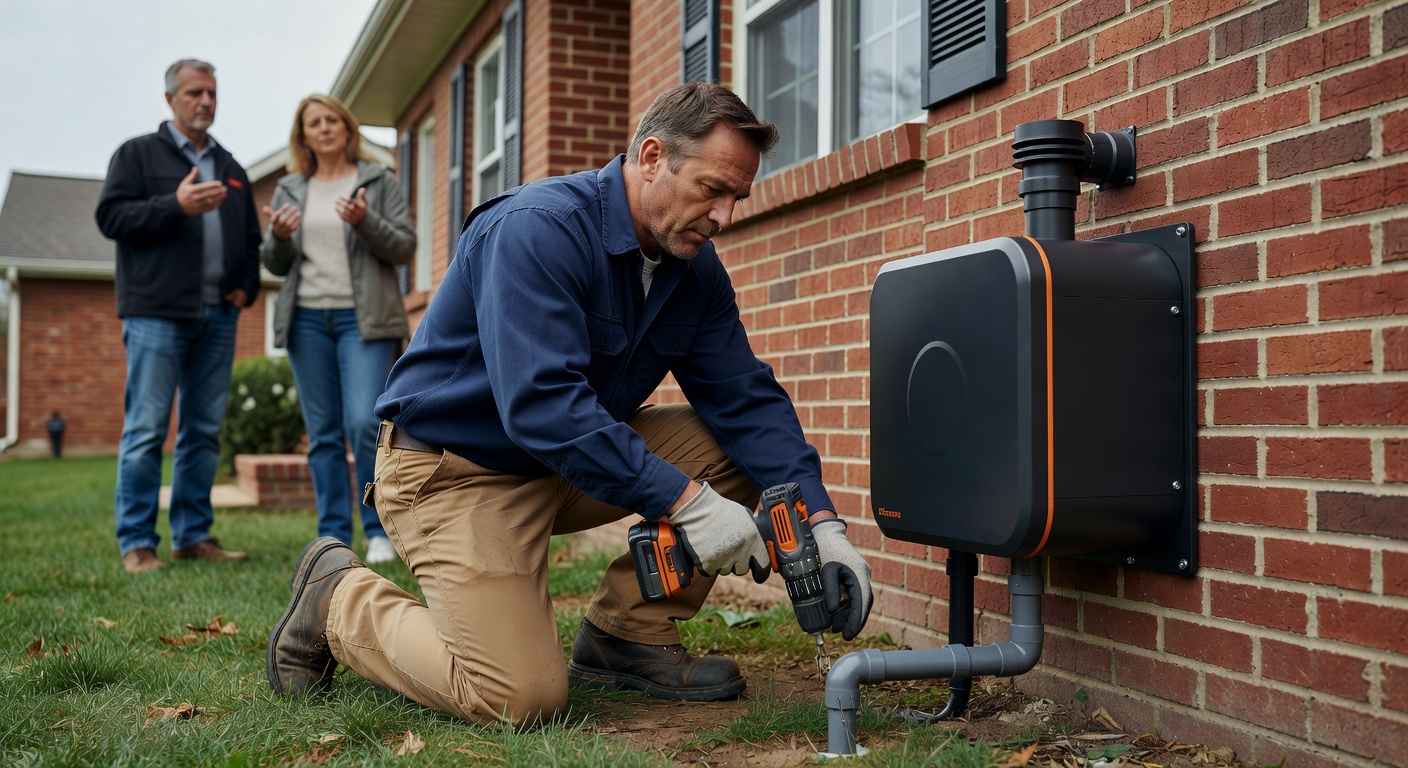 radon mitigation contractor installing fan exterior wall home