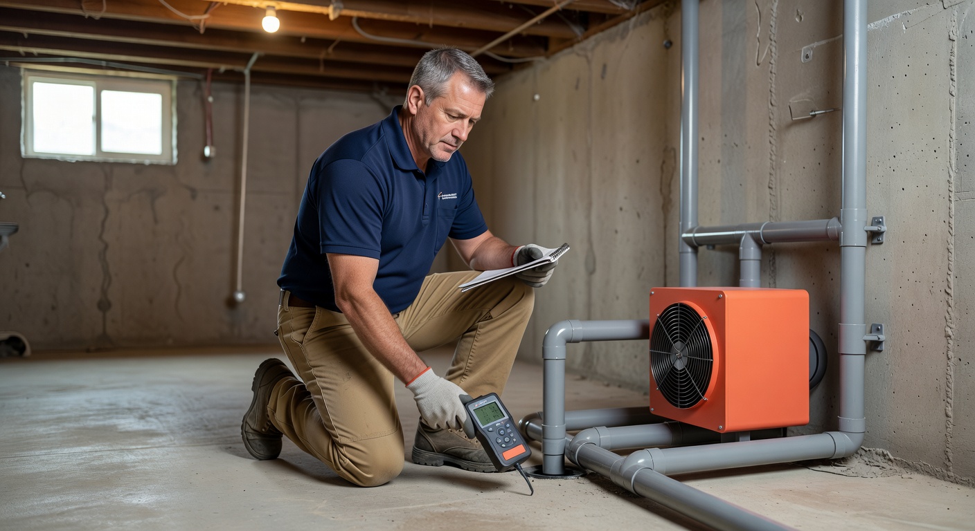 radon mitigation contractor inspecting basement Ohio