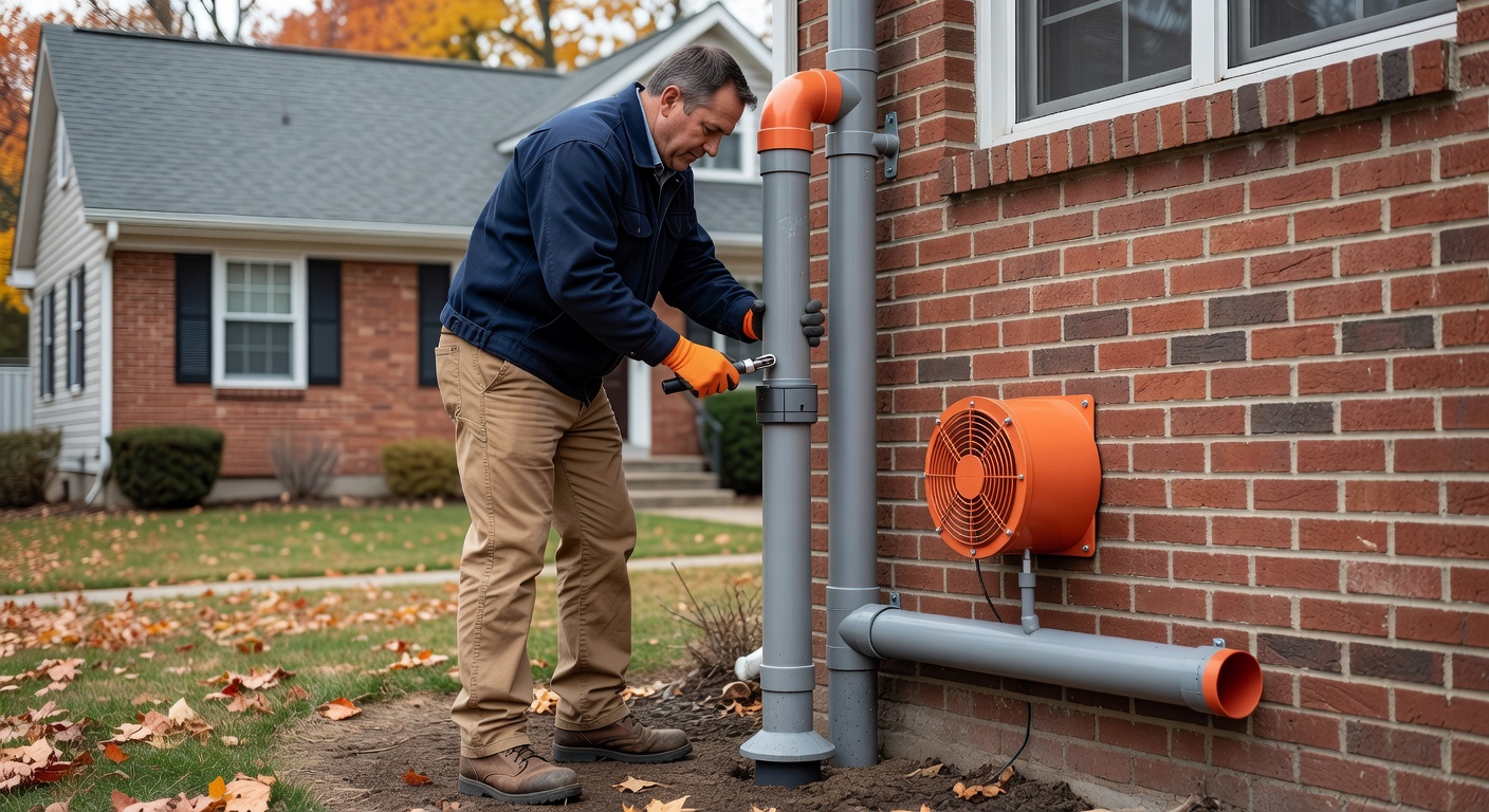 radon mitigation fan PVC pipe exterior installation