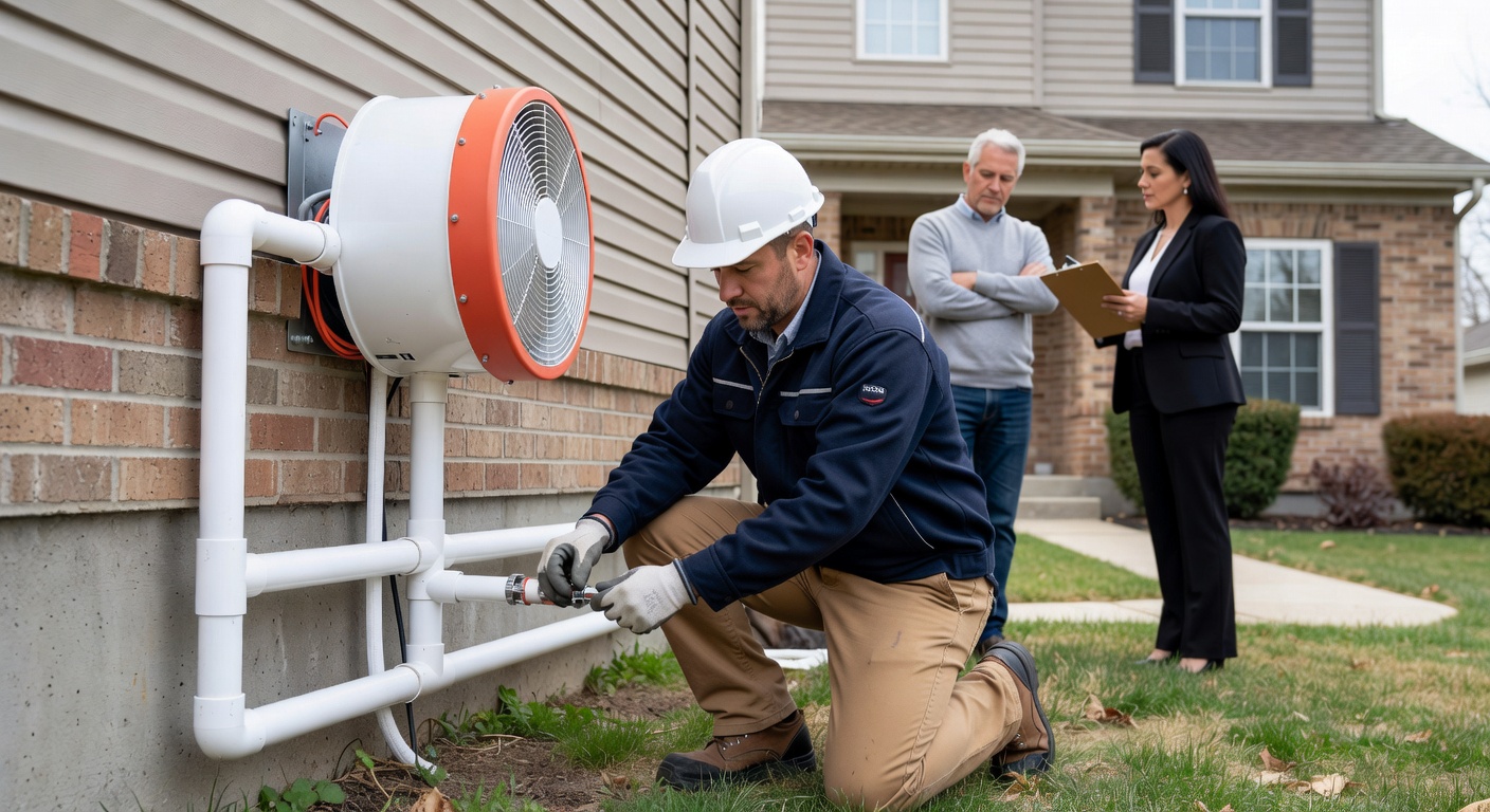 radon mitigation fan PVC exterior installation residential home