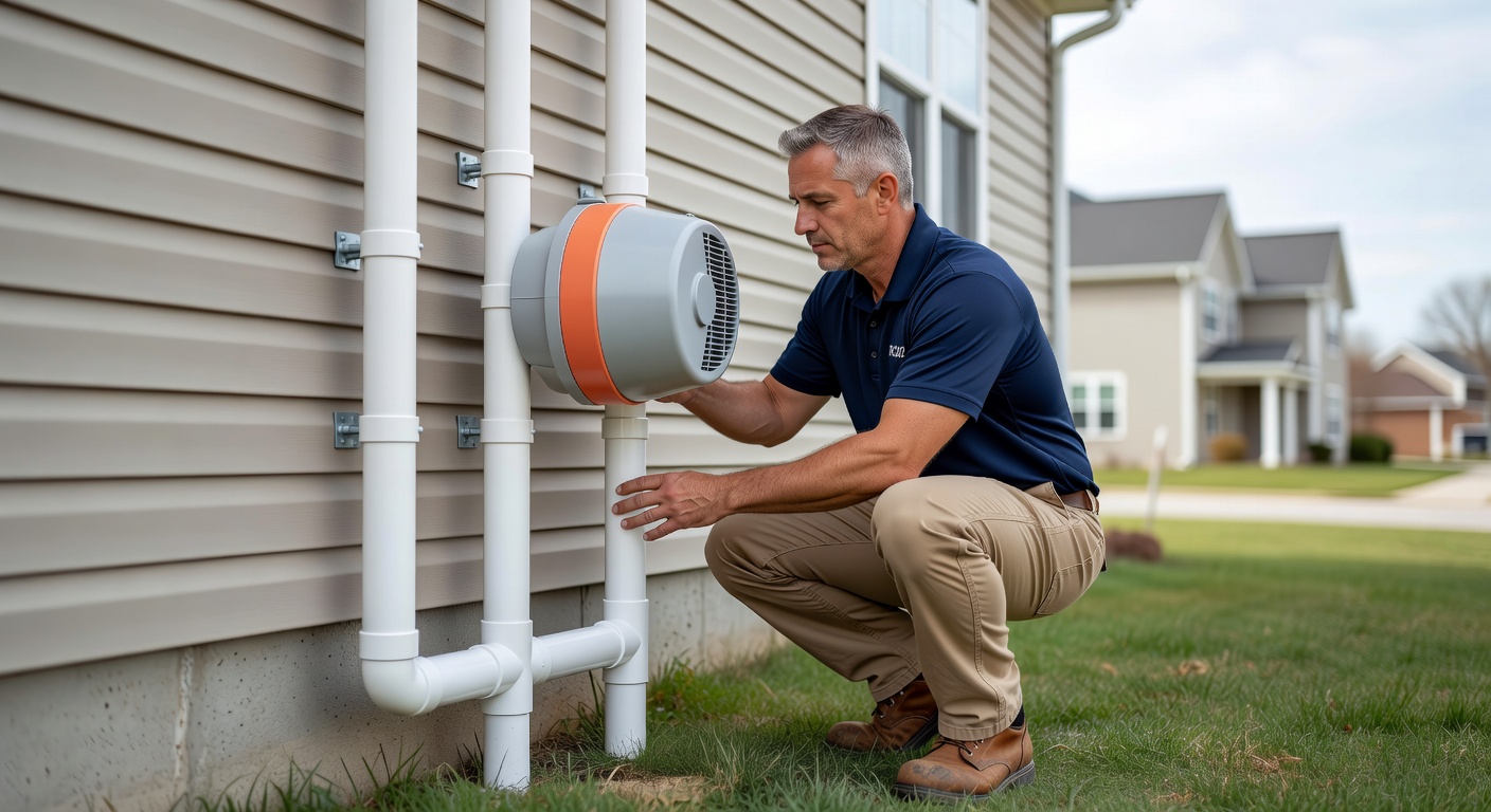radon mitigation fan PVC pipe exterior installation