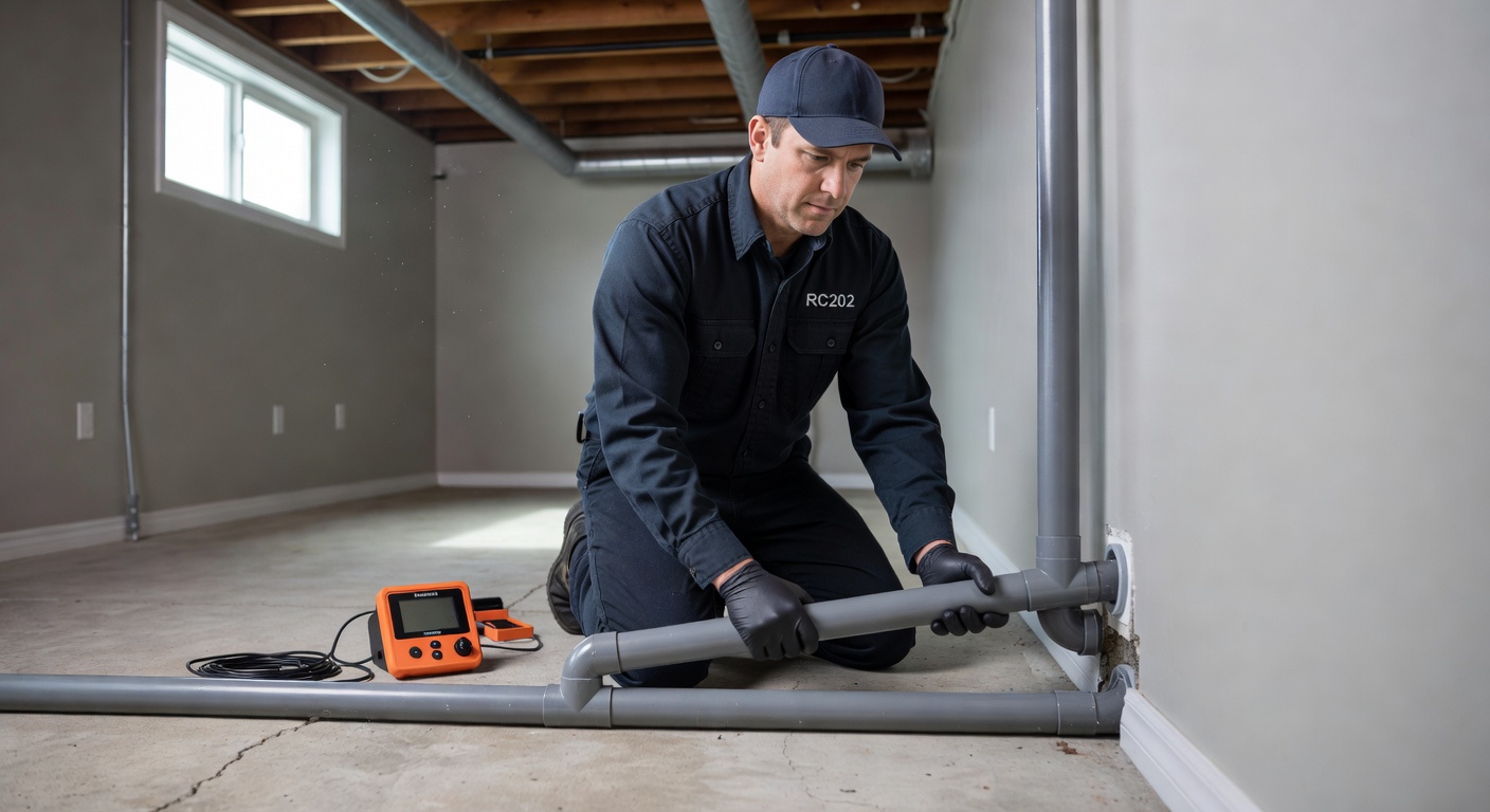 radon mitigation technician installing PVC pipe basement Ohio