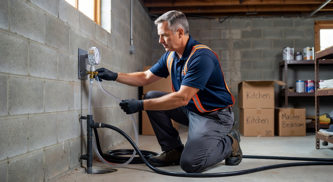 radon mitigation technician inspecting manometer system