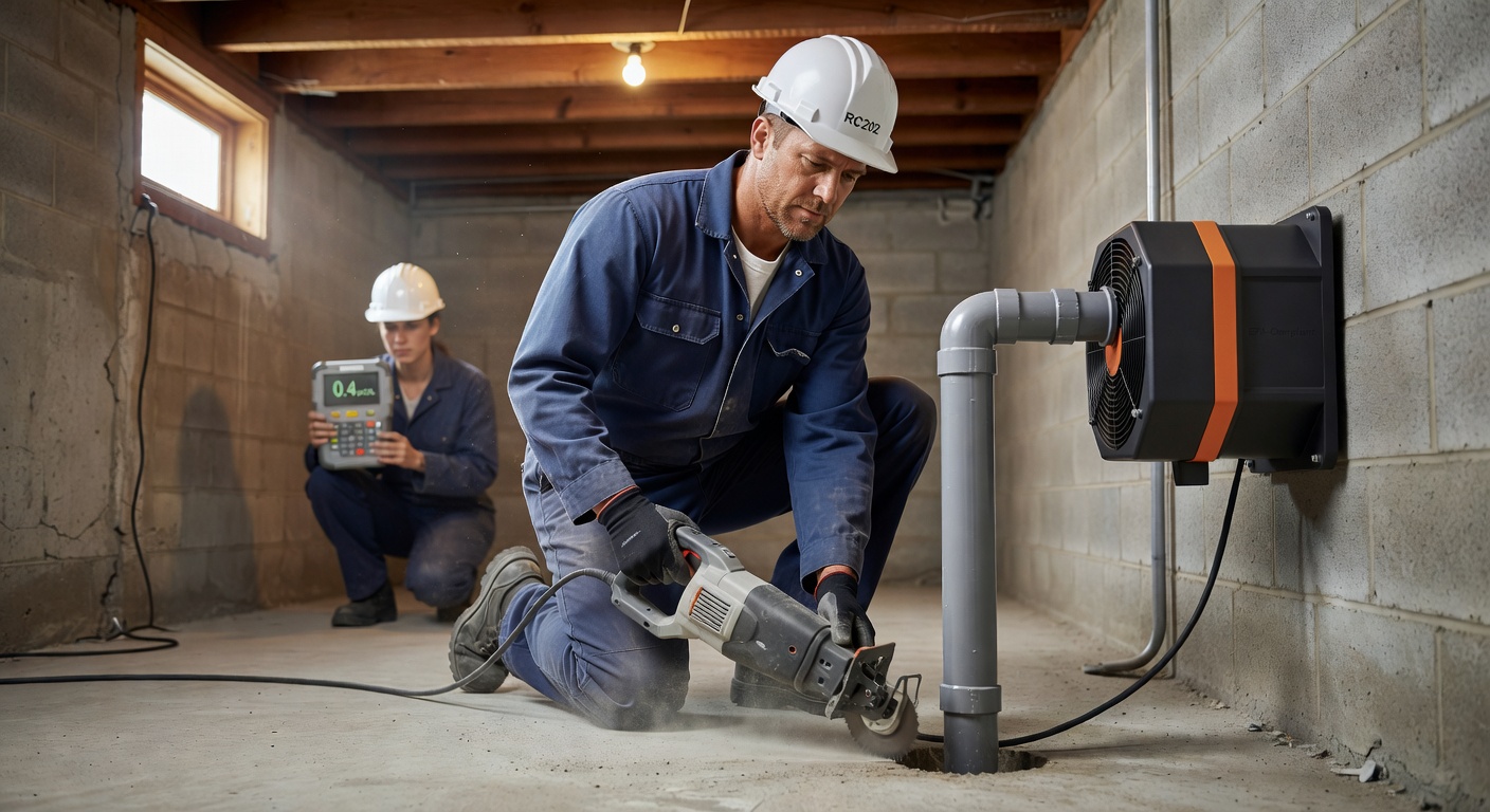 licensed radon technician installing sub-slab depressurization pipe