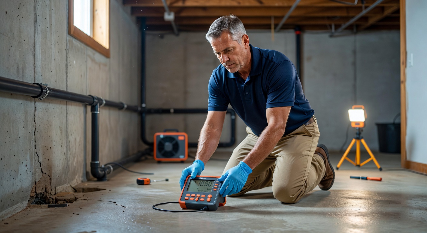 radon technician testing equipment basement inspection