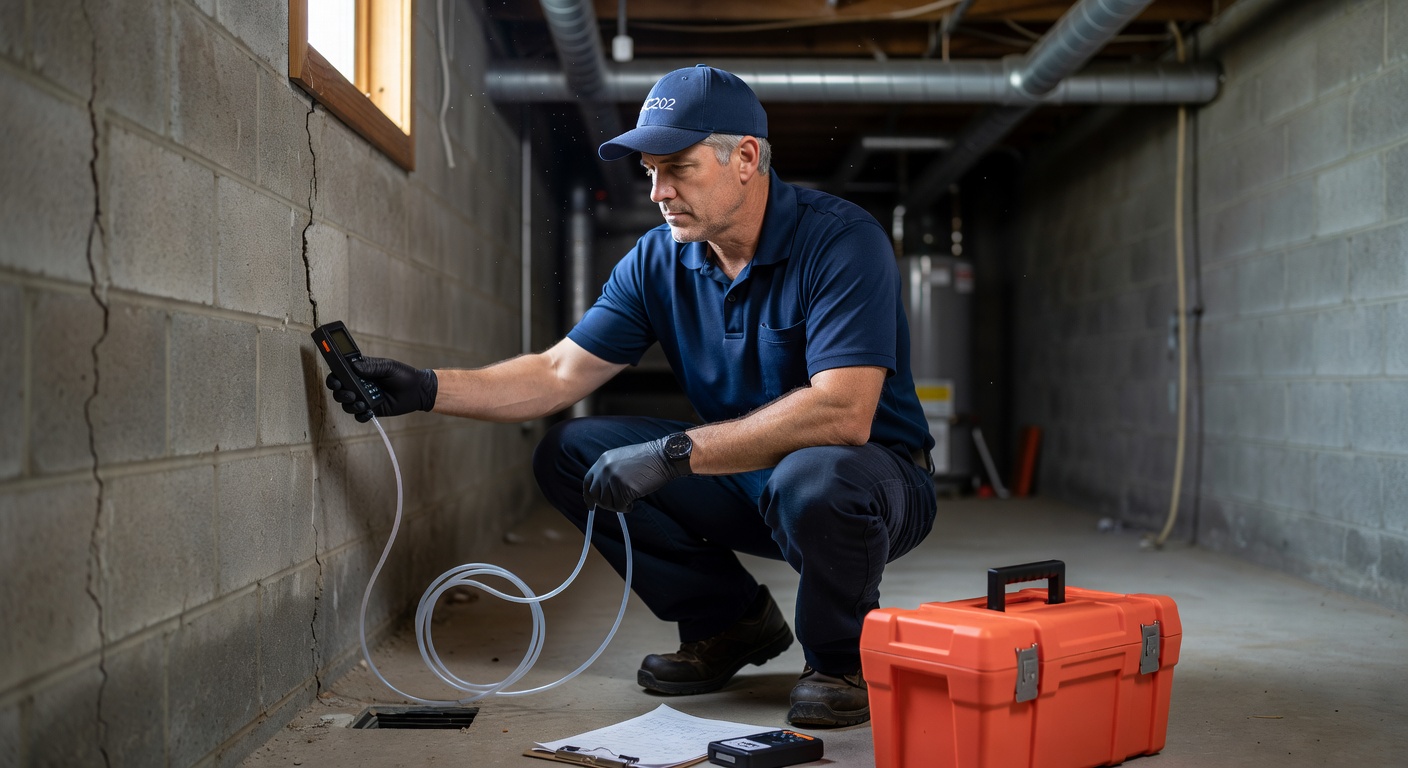 radon mitigation contractor inspecting basement Trotwood Ohio