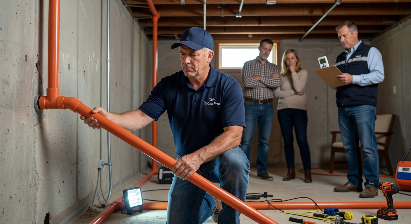 radon technician installing PVC pipe basement Ohio