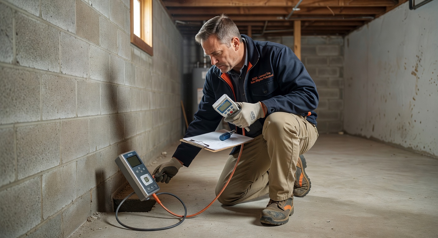 radon mitigation technician inspecting basement foundation