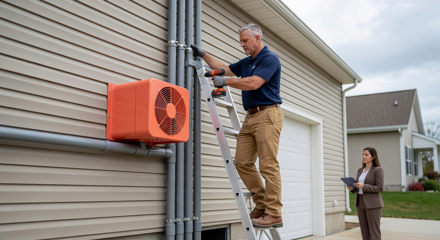 radon mitigation fan PVC pipe exterior wall installation