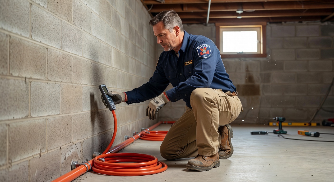radon mitigation technician inspecting basement foundation