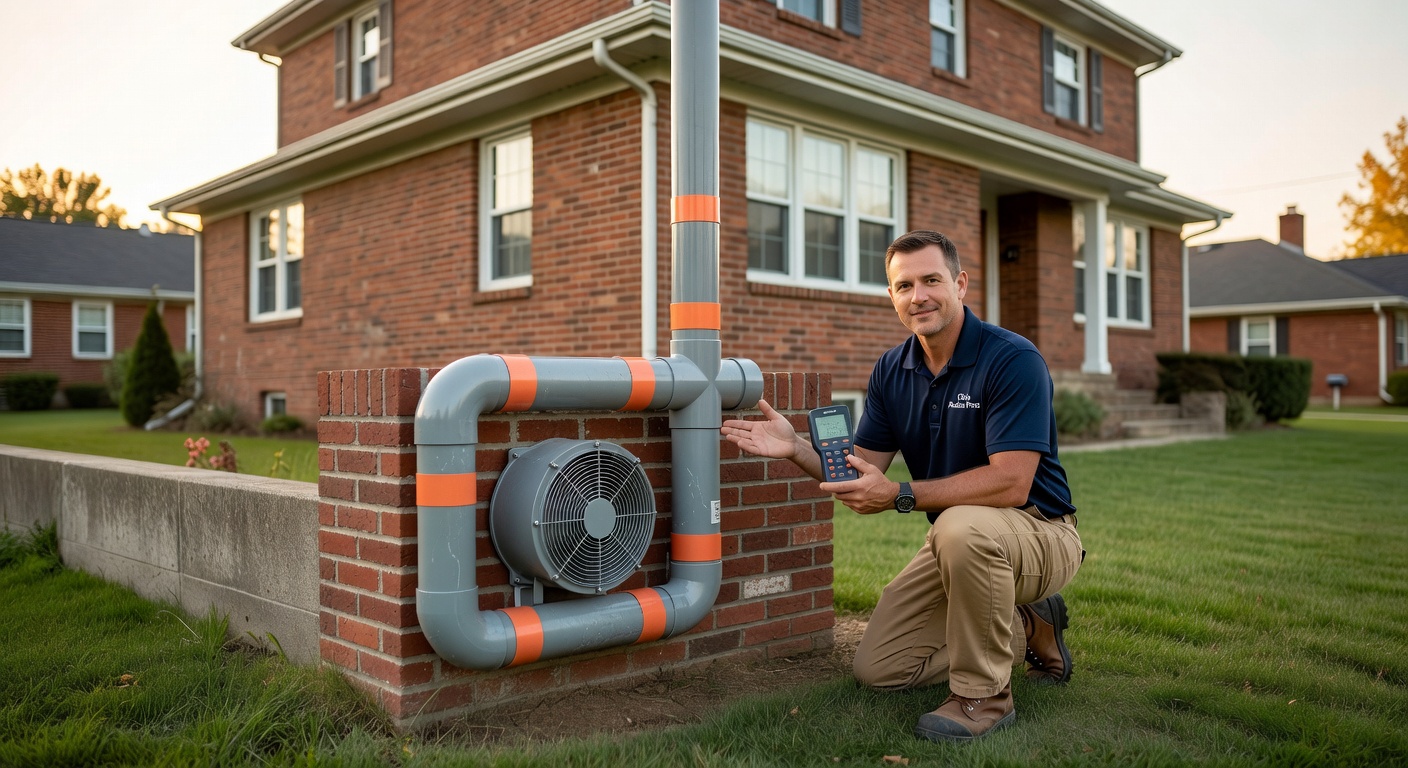 radon mitigation fan PVC pipe exterior home Ohio