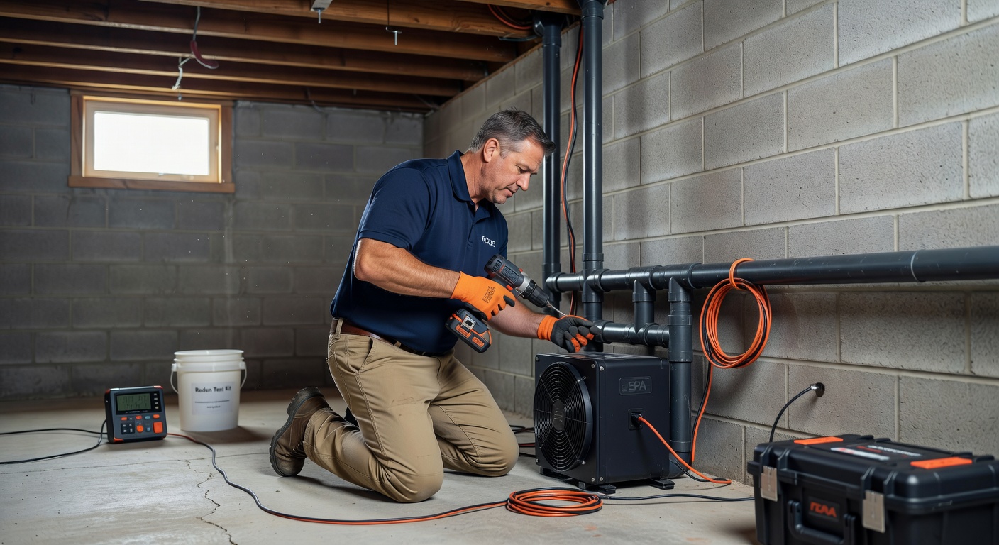 radon mitigation technician installing system basement