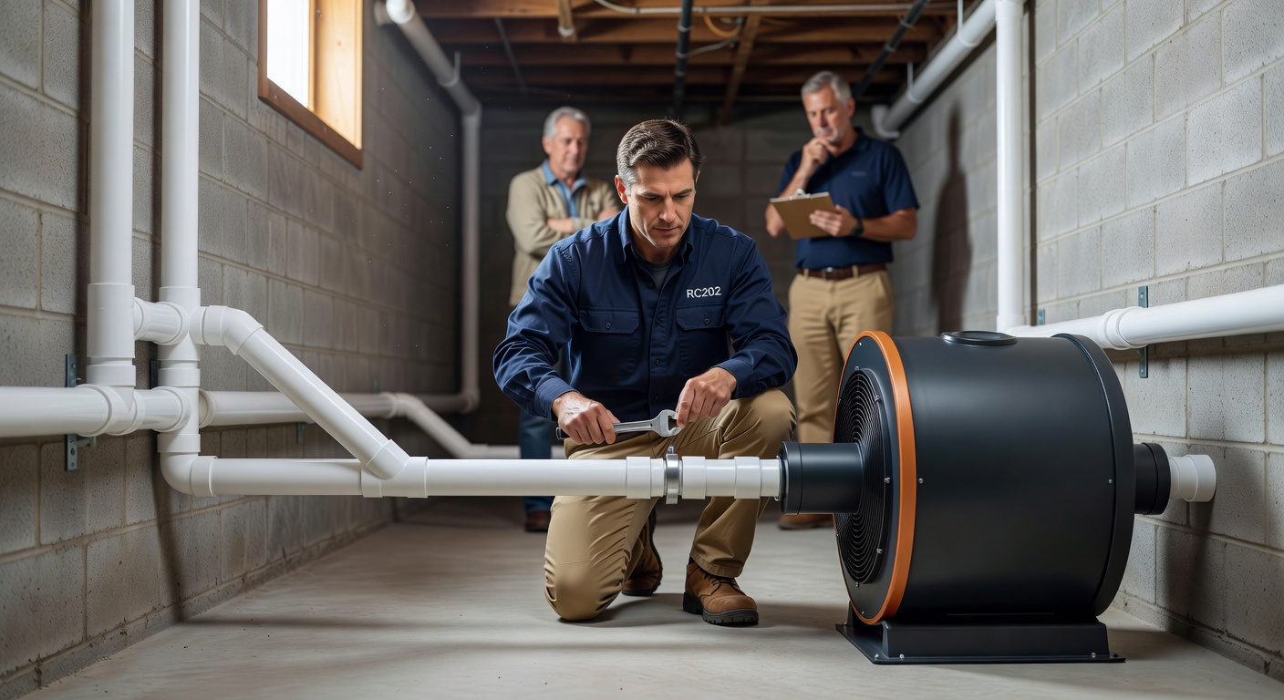 radon mitigation fan PVC pipe basement installation