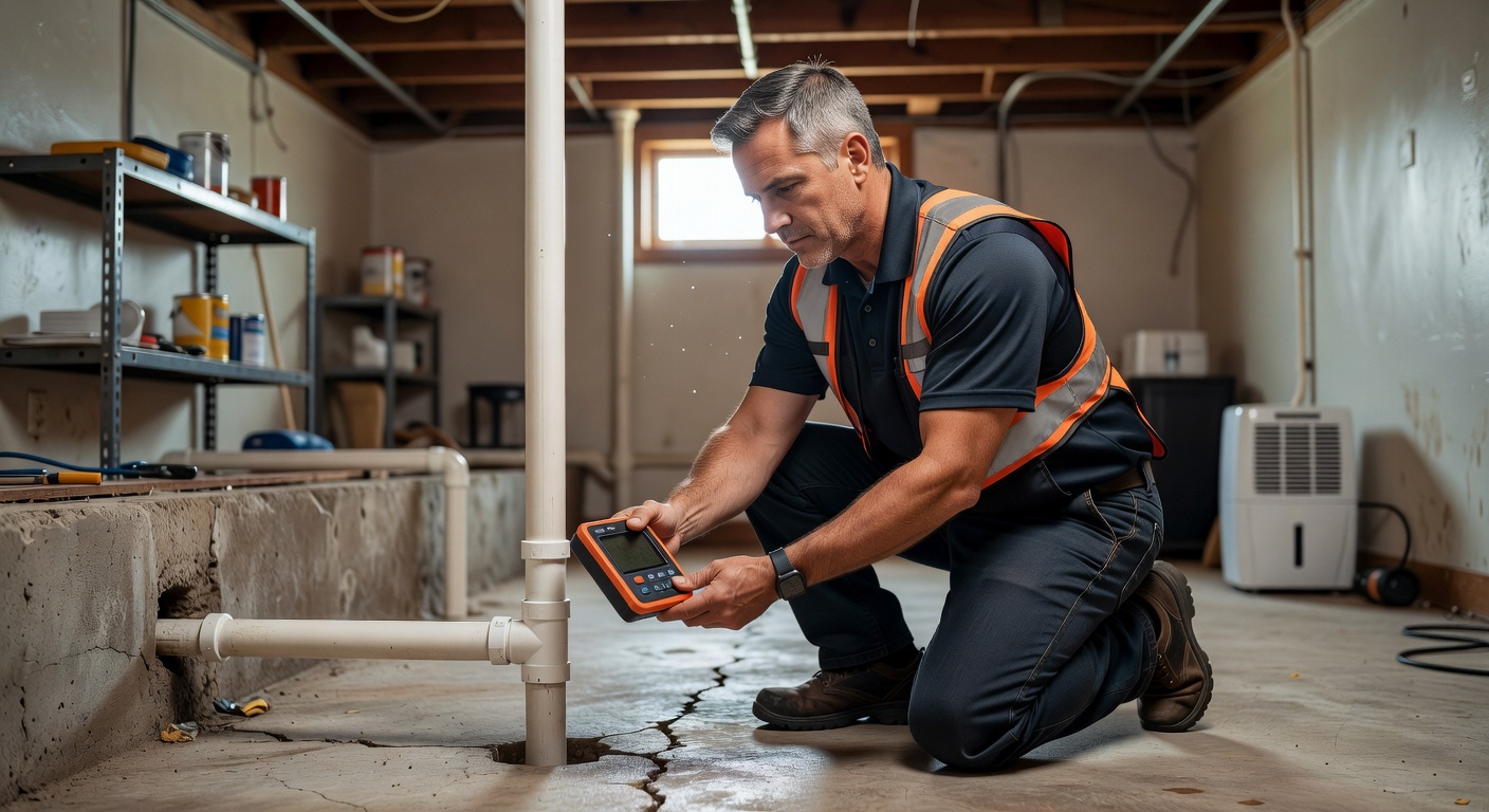 radon mitigation technician inspecting basement Ohio home