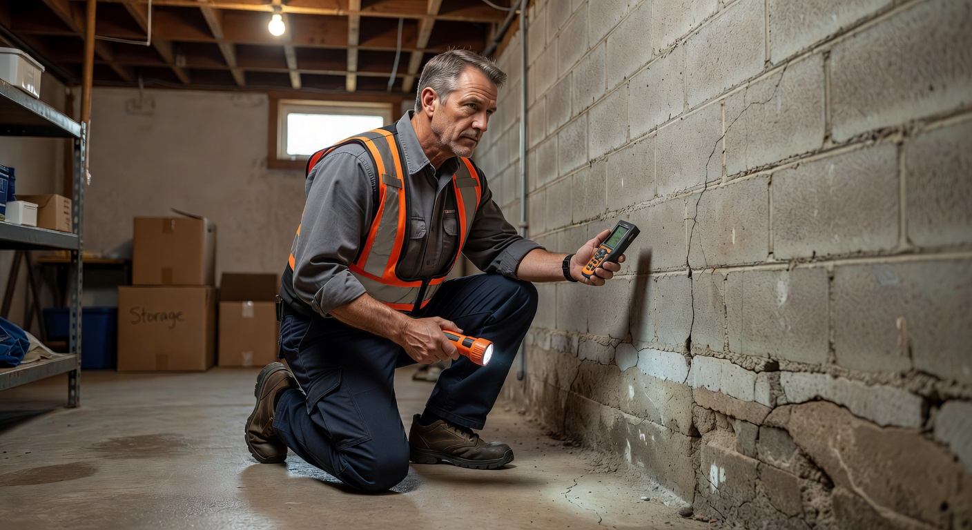 radon mitigation contractor inspecting basement foundation