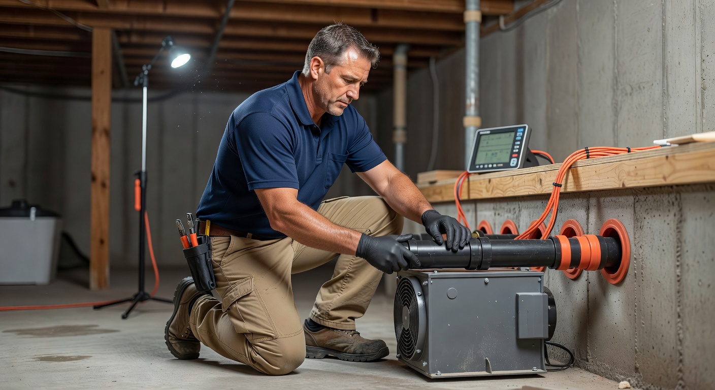 licensed radon technician installing mitigation system