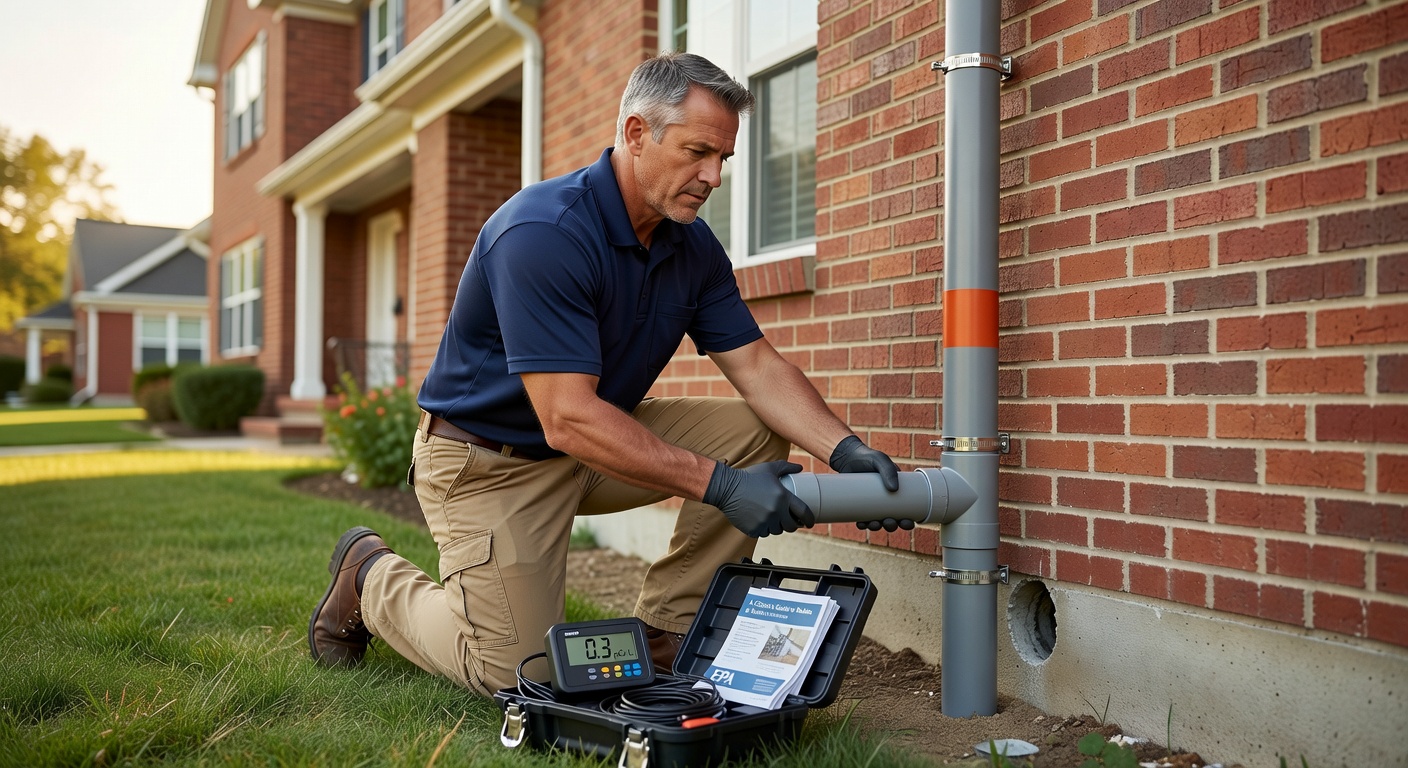 radon mitigation contractor installing PVC pipe exterior home