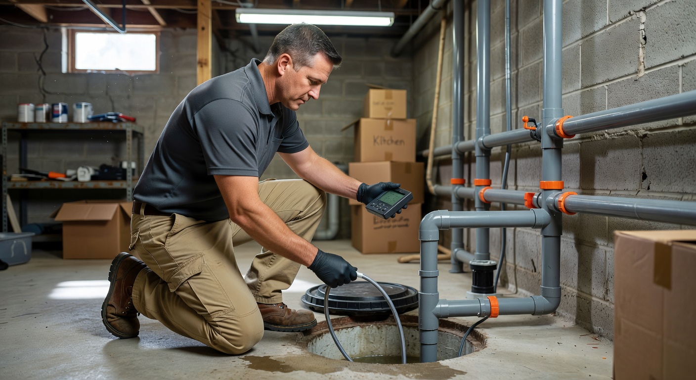 radon mitigation technician inspecting basement sump