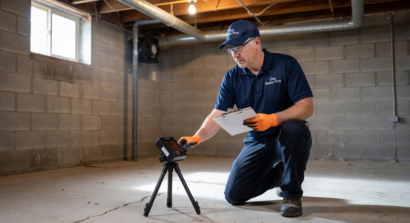radon technician testing continuous radon monitor Ohio basement
