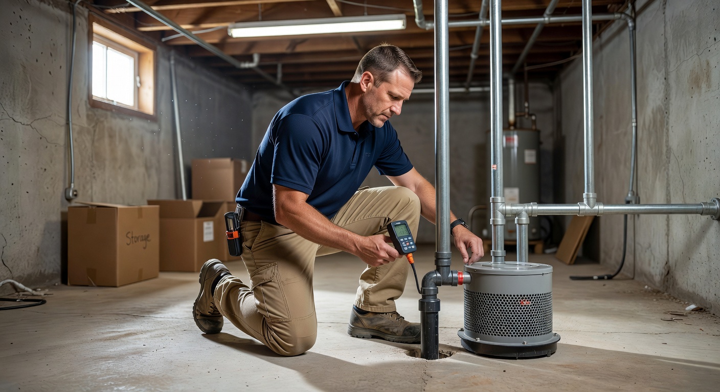 radon mitigation technician inspecting basement sub-slab system