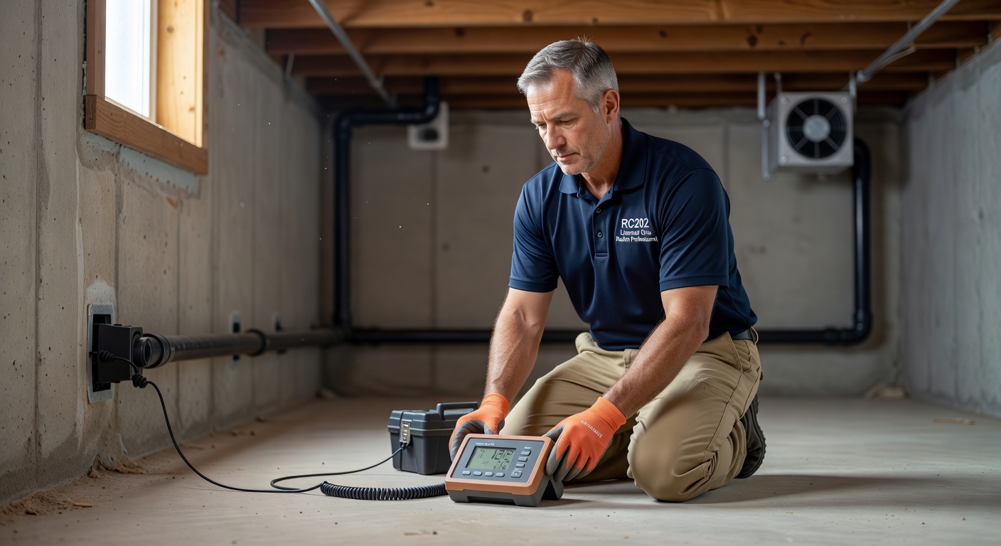 radon technician testing continuous monitor home inspection