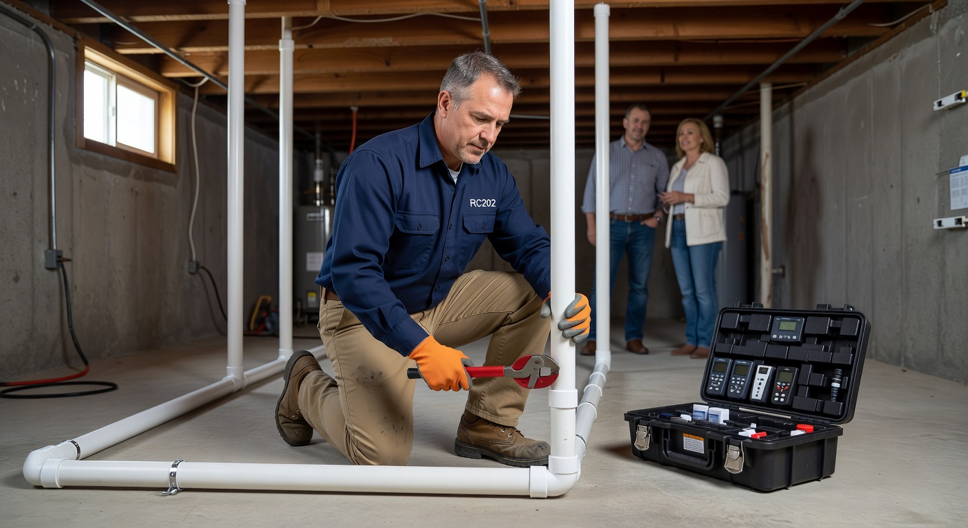 licensed radon mitigation technician installing PVC pipe system
