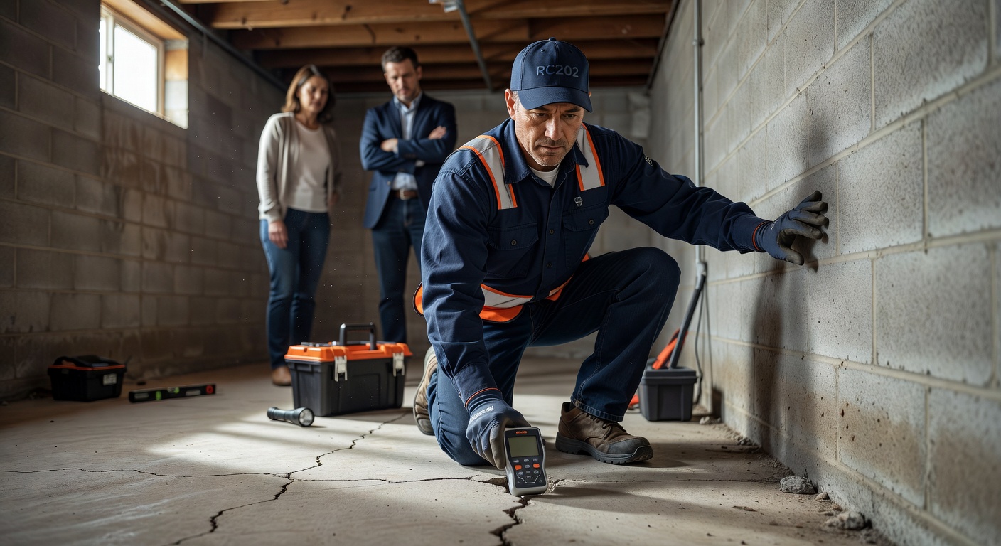 radon mitigation contractor inspecting foundation Ohio home