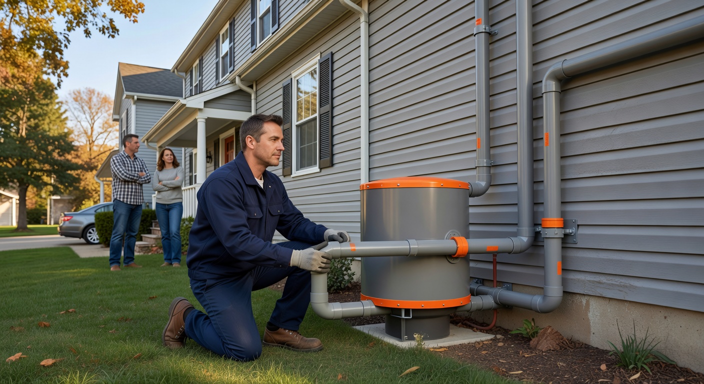 radon mitigation fan PVC exterior pipe house