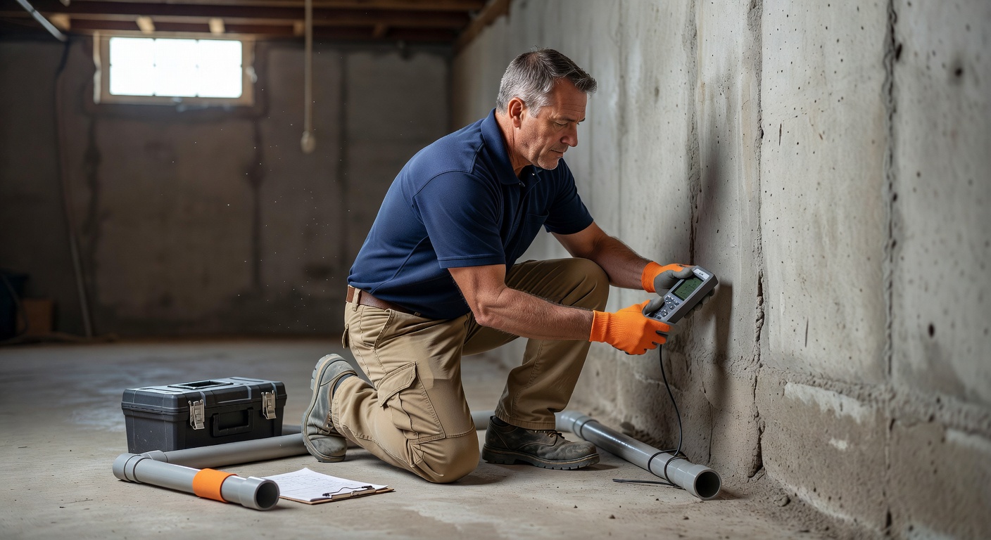 radon mitigation contractor inspecting foundation