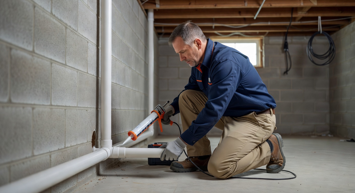 radon mitigation technician installing PVC pipe basement Ohio