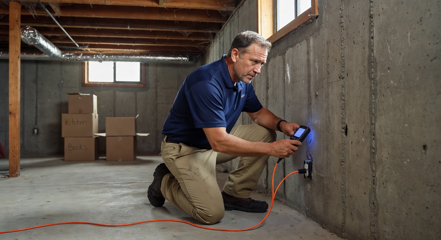 radon technician inspecting basement foundation