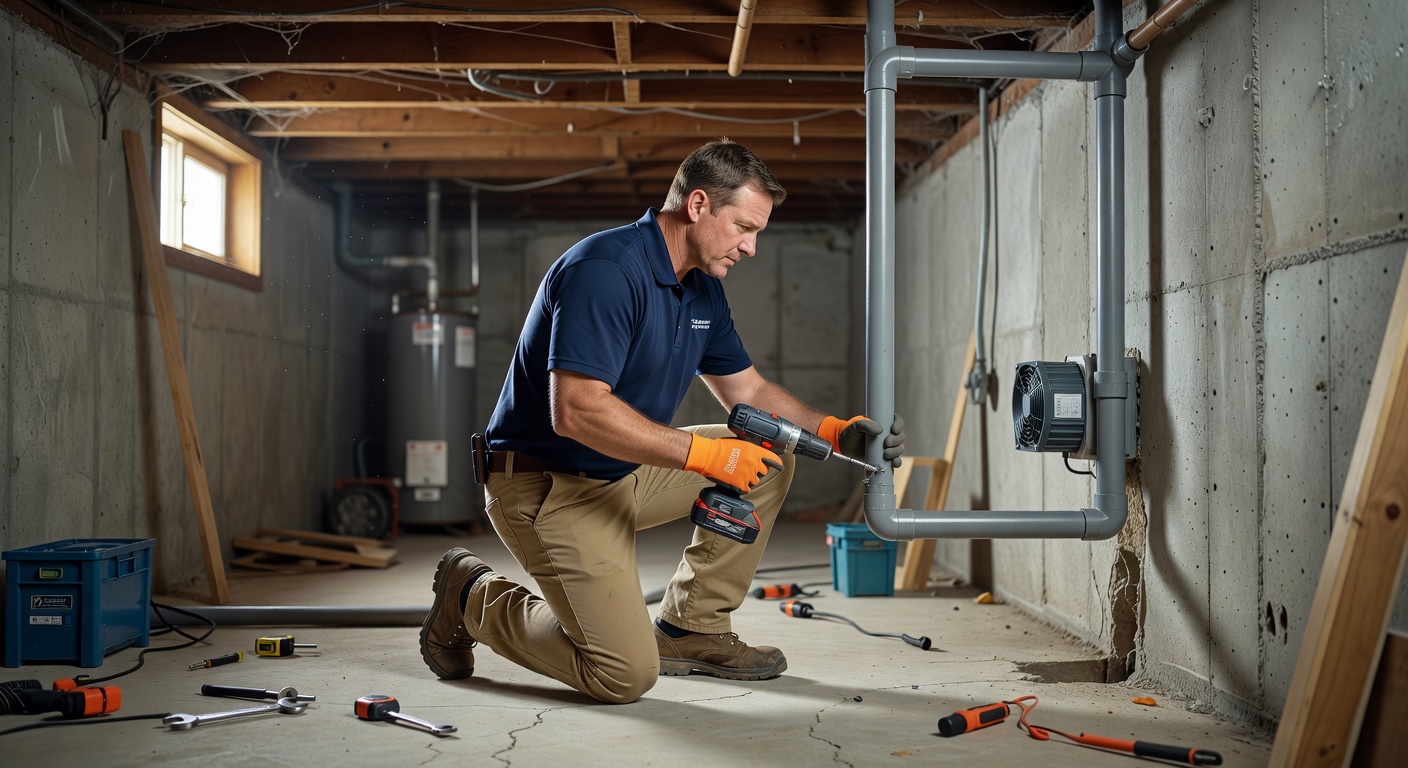 radon mitigation technician installing PVC pipe basement