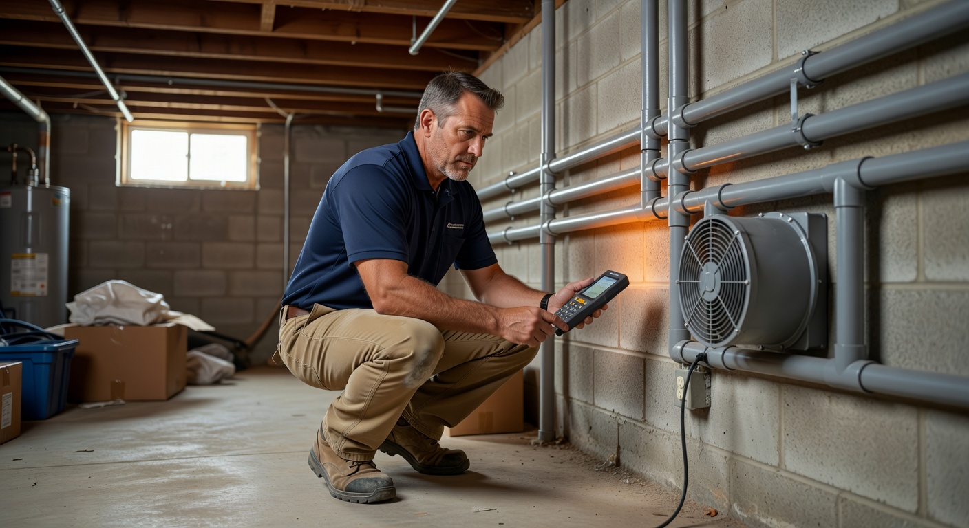 radon mitigation technician inspecting basement Van Buren Ohio