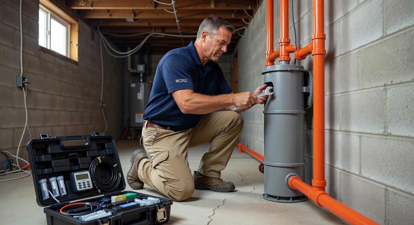 licensed radon mitigation technician installing fan system