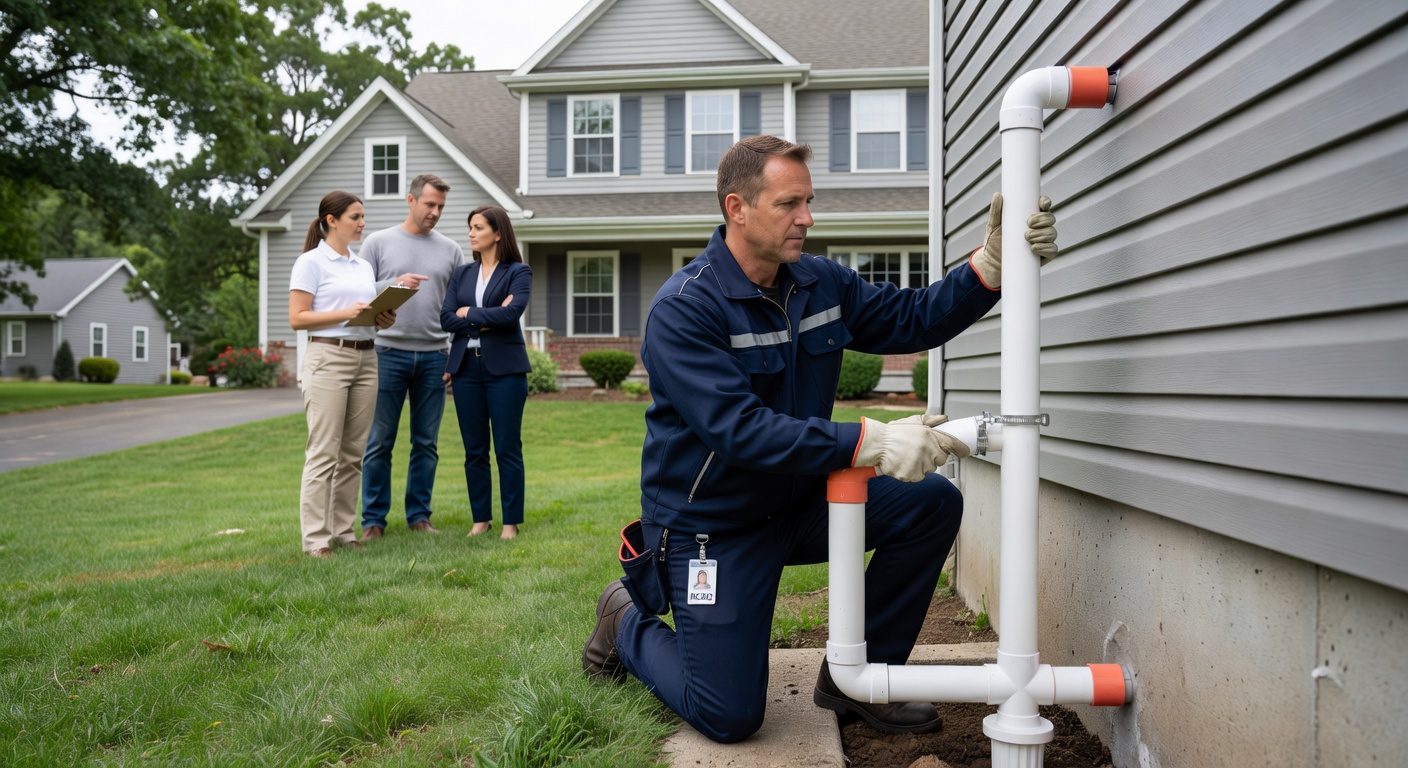 radon mitigation technician PVC pipe exterior house